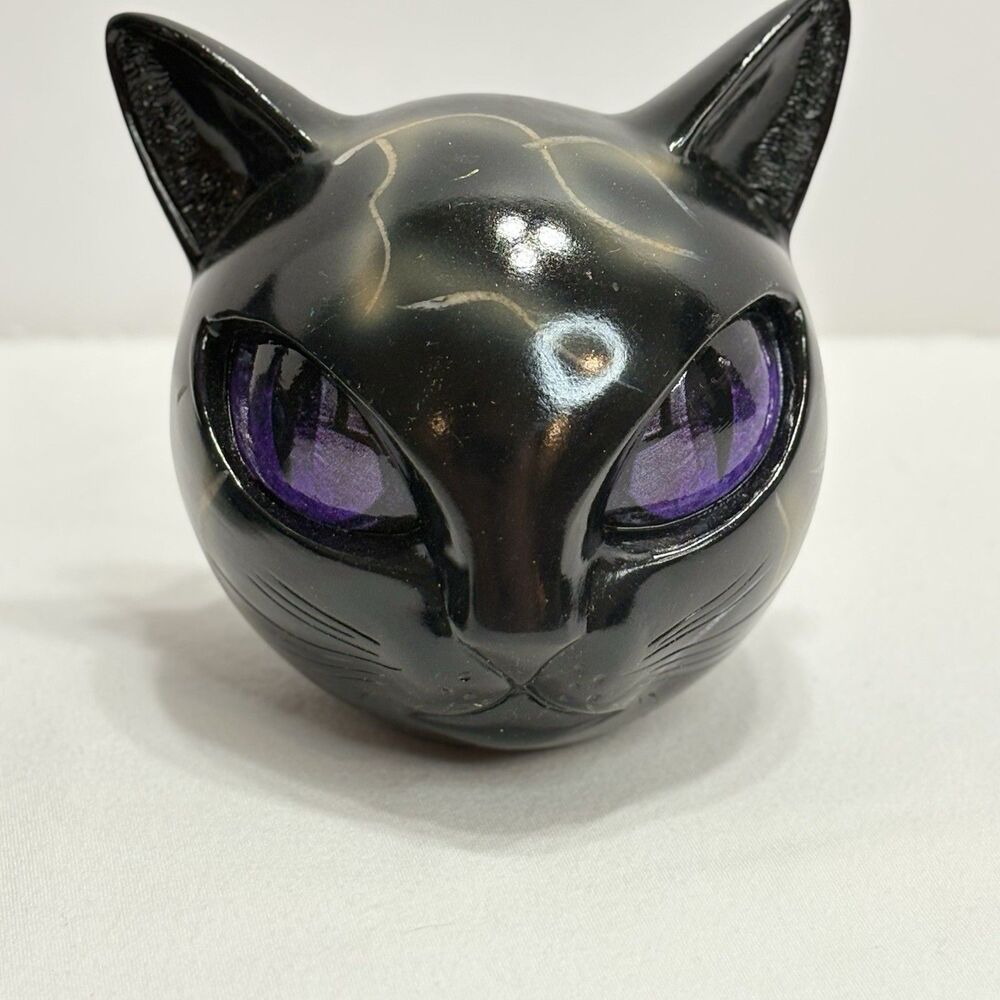 Black Cat Head Sculpture Lot Of 2 Wood/Plastic - Picture 3 of 7